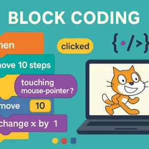 Illustration of block coding with Scratch for beginners.