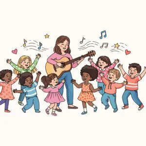 Children happily dancing and singing around a woman playing guitar.
