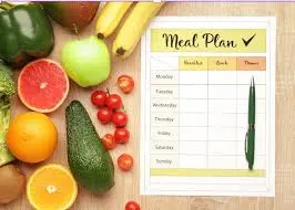 A colorful display of fruits around a blank weekly meal plan sheet.