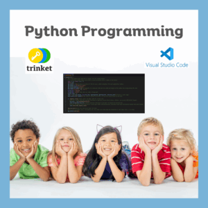 Children learning Python programming with Trinket and Visual Studio Code.