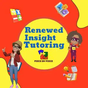 Colorful tutoring logo with students and educational icons.