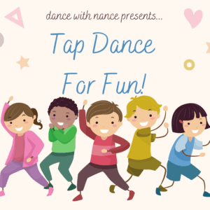Colorful illustration of kids enjoying tap dance class with hearts and stars.