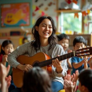 Young woman joyfully teaching children to play guitar in a colorful classroom.